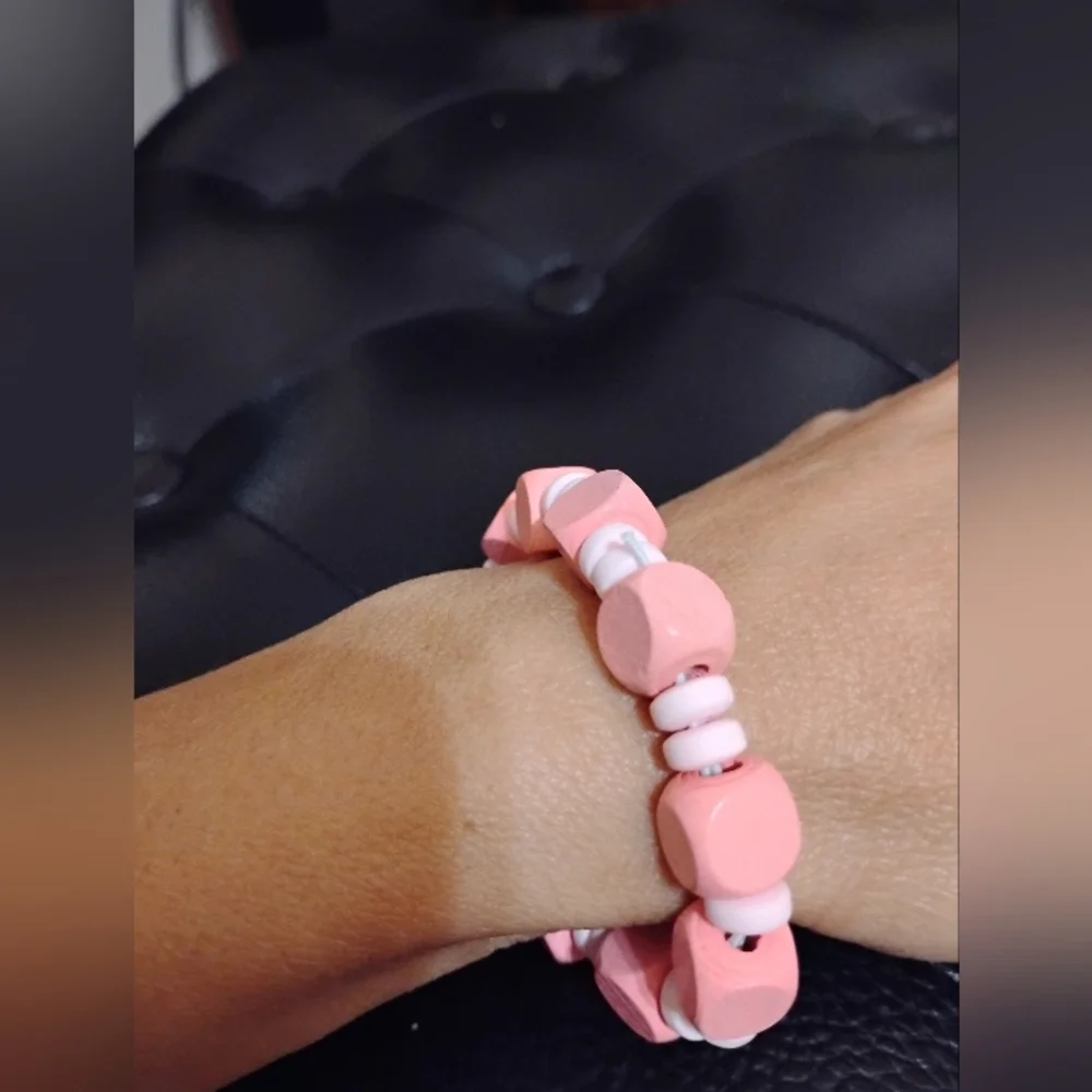 Pink Wooden & Clay Beaded Bracelet Mix Media Stretchy String